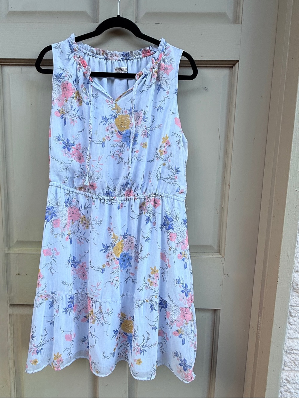Women’s Floral Tiered Summer Dress - Light Blue with Pink & Yellow Blossoms